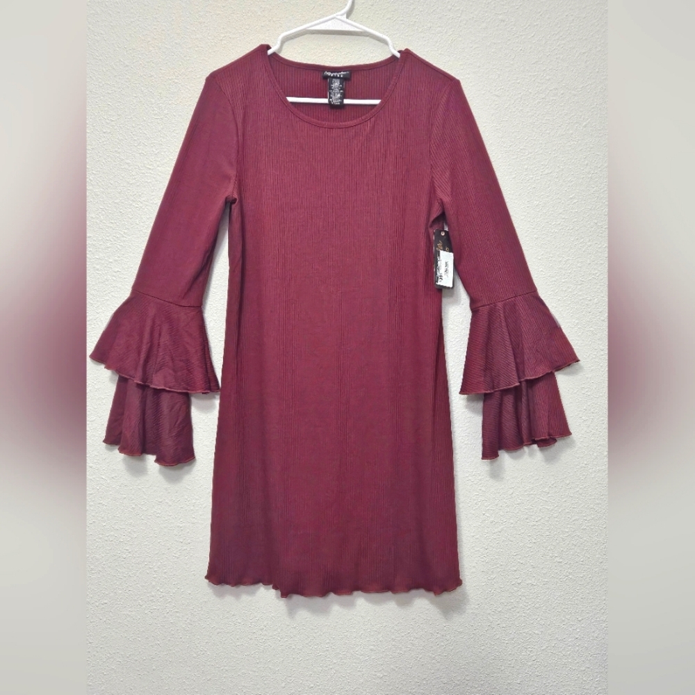Wrangler Retro NWT small 3/4 bell flare sleeve maroon ribbed mini dress Western